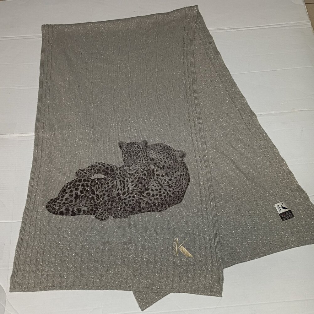 ❤️VTG OF KRIZIA Wool Gray Metallic and Cheetah Embroidered Logo Oblong Scarf